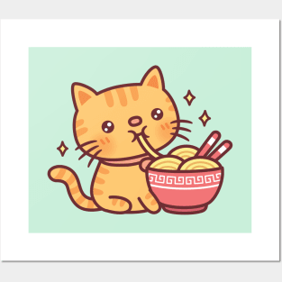 Cute Orange Tabby Cat Slurping Noodles Posters and Art